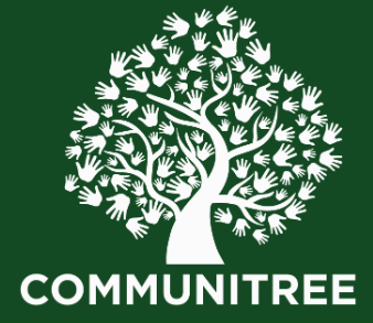 CommuniTree logo comprising of tree with hands as leaves in white on green background