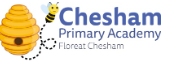 chesham school logo with school name in purple with bee and hive on white background