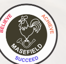 Masefield primary logo comprising of a rooster and school name in white on black circular background