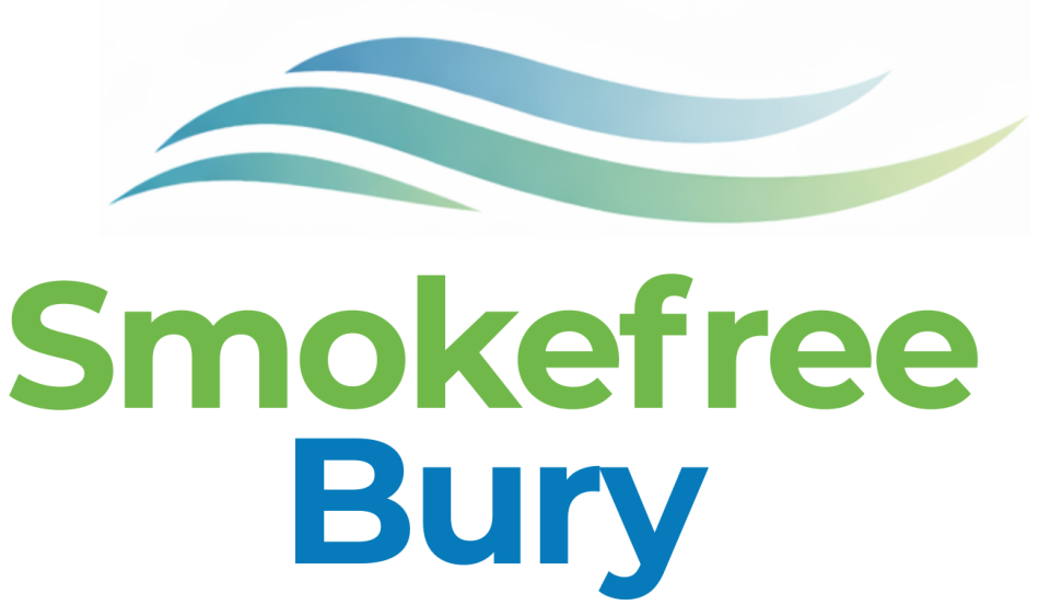 Smokefree Bury logo featuring three curved blue‑to‑green lines above the words ‘Smokefree Bury’ in green and blue text