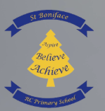 st boniface school logo comprising of yellow tree between school name on blue banner.