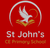 logo of school name in white and gold beneath dove sat on gold book with red background