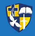school logo a shield containing a cross, bird, book and sword on blue background