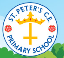 logo with St peters primary school in white circle with gold cross and crown  