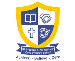 shield with yellow boarder containing handshake, book, cross and paint pallet with school name underneath