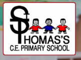logo with St Thomas's Primary School and ST in black on white background with 3 children holding hands