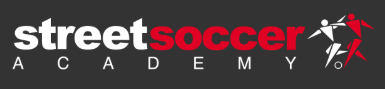 text logo comprising of street and academy in white with soccer in red on black background