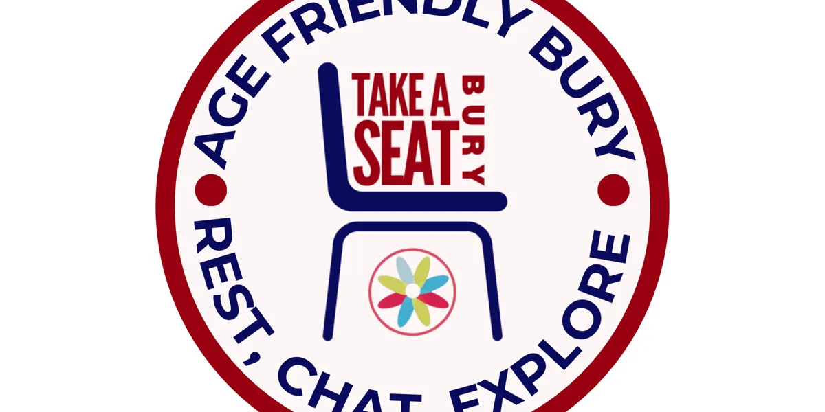 an image of a chair with the words take a seat bury on top. The words age friendly bury, rest, chat, explore form a circle around the logo
