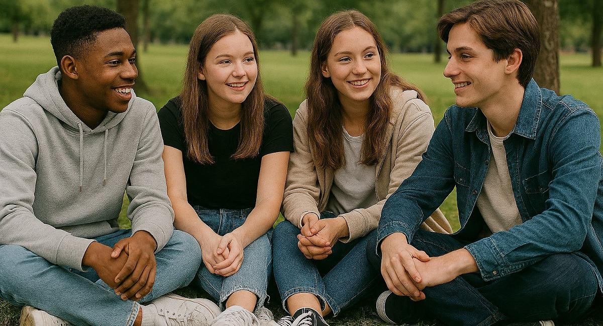 group of teens sat in a park talking 