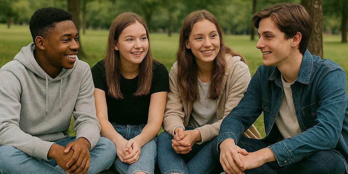 group of teens sat in a park talking