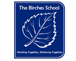 the birches logo comprising of school name above the white outline of a leaf on a blue background