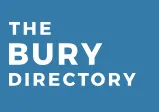 text logo for the bury directory in white on blue background