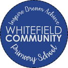 Whitefield primary logo with school name in white within a blue circle